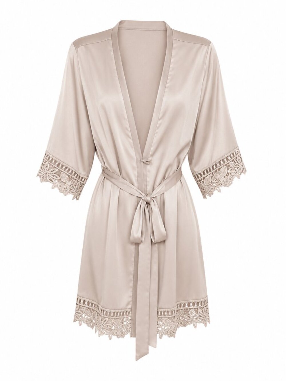 Le Rose Champagne Satin Lace Trim Kimono Robe Tie Waist Bridal Loungewear S/M